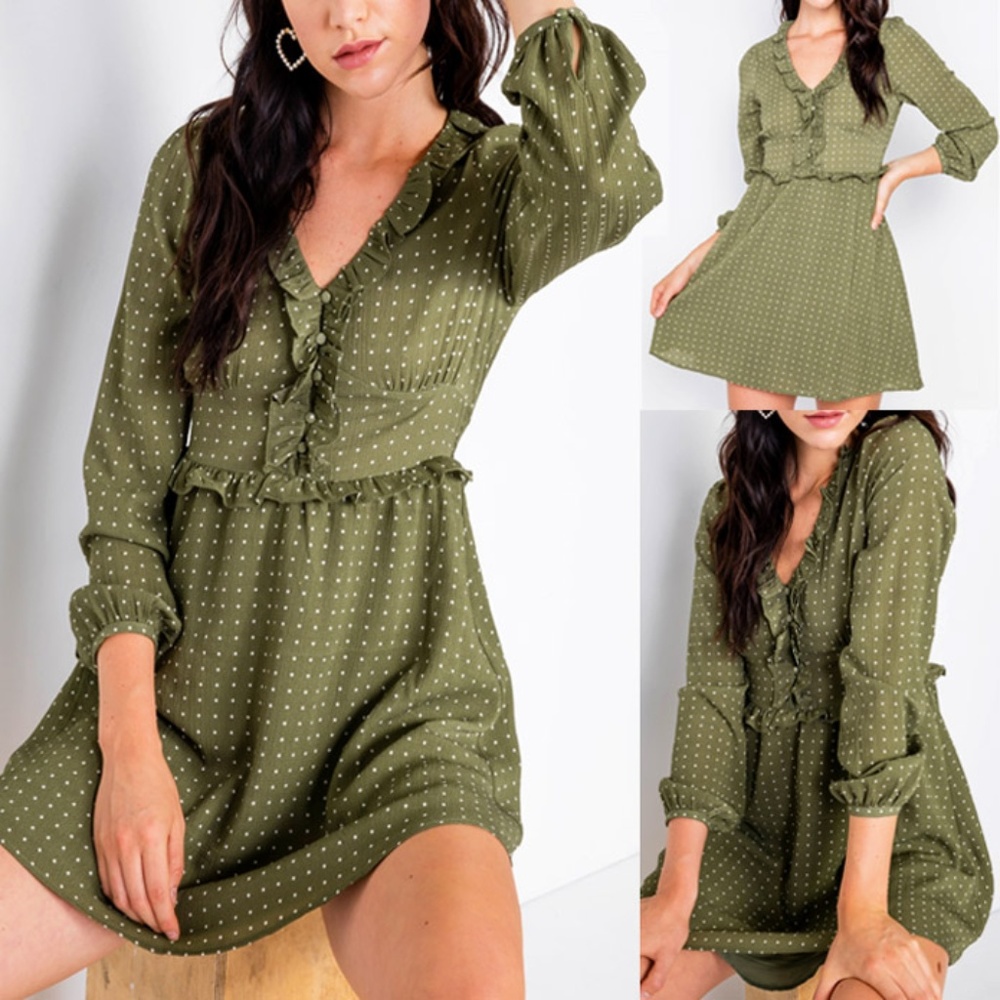 Olive Polka Dot Button Front Ruffle V Neck Dress, size L